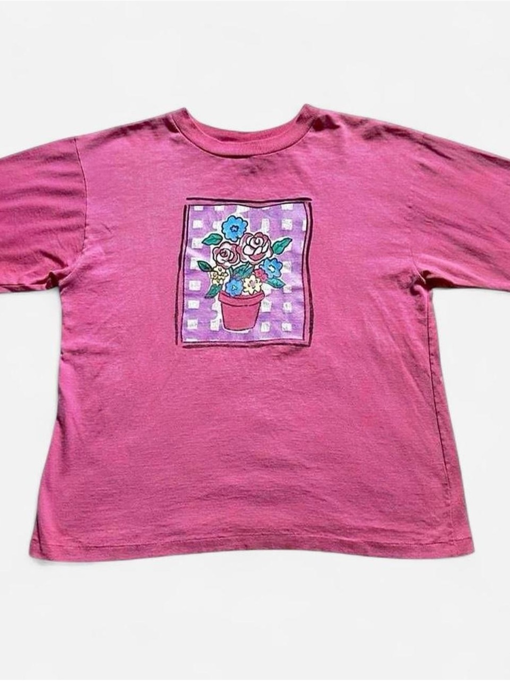Vintage 1990s Pink Flower Vase Floral Graphic Tee XL